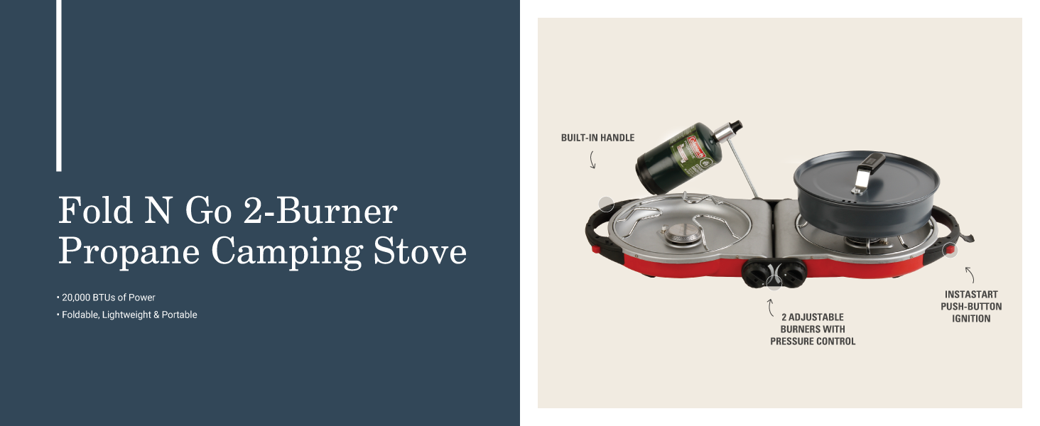 coleman fold n go two burner propane camping stove foldable lightweight portable handle adjustable