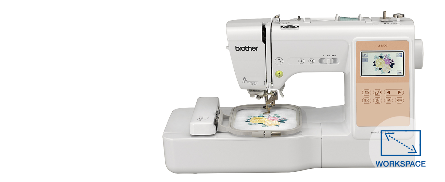 Brother LB5500 Sewing & Embroidery machine with embroidery attachment in use, with WORKSPACE icon