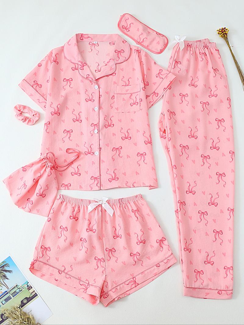 Women's All Over Print Top & Shorts & Pants & Accessories Pyjama Set, Casual Comfy Pj Set, Ladies Sleepwear for All Seasons