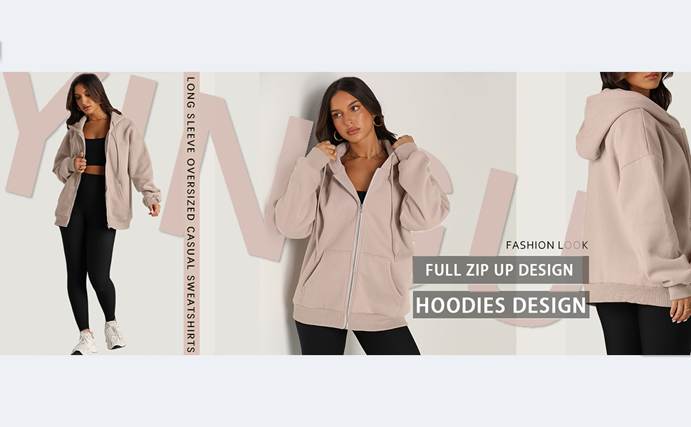 Text reads 'HOODIES DESIGN'. Multiple product views of light-colored hooded sweatshirts displayed in various poses and angles.