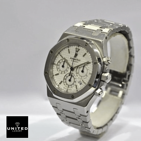 Audemars Piguet Royal Oak Chronograph 26300ST.OO.1110ST.05 Replica Audemars Piguet Royal Oak White Dial Steel Bracelet Replica gray background