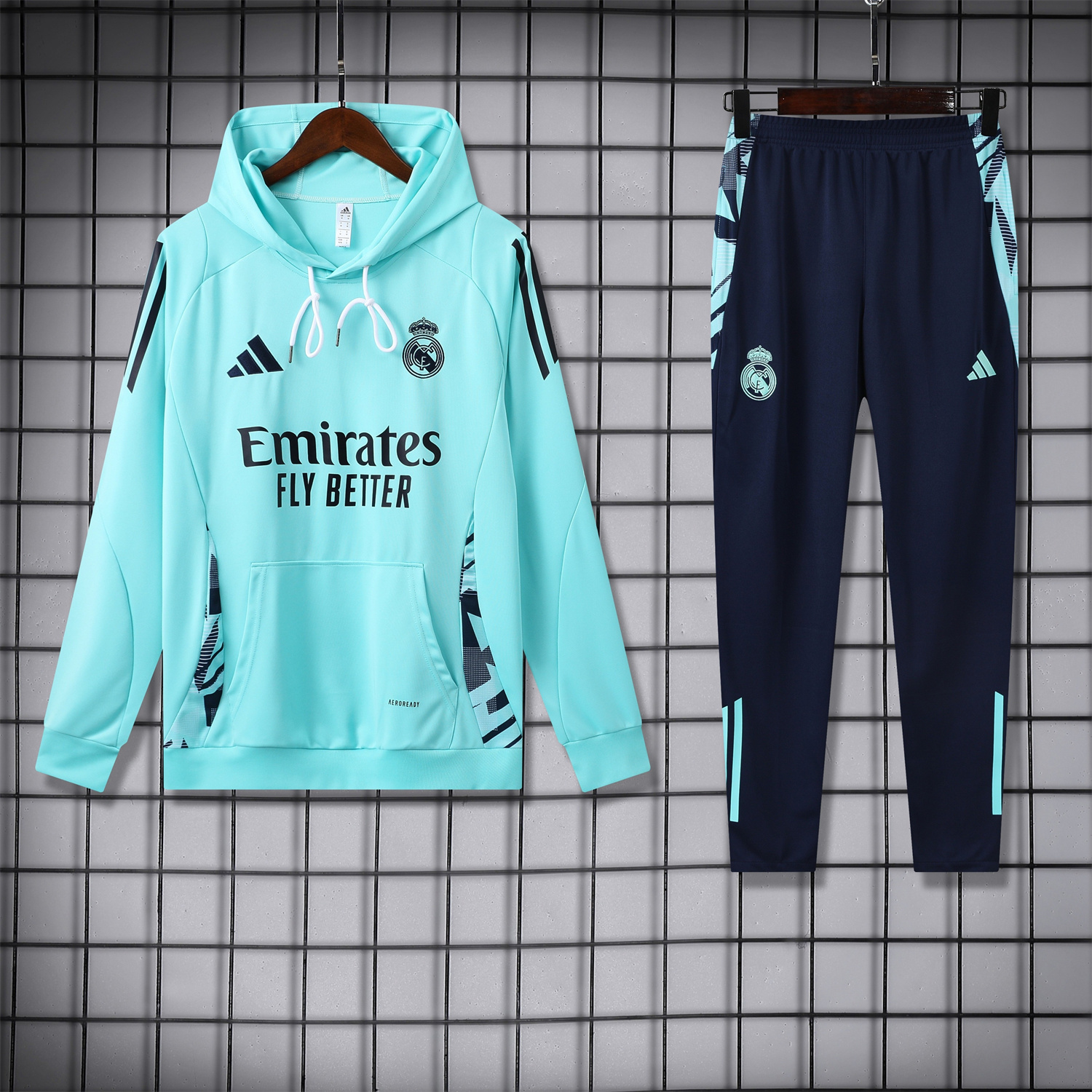 ManixJersey.com | Real Madrid 24-25 Training Hoodie Set - Cyan Hoodie and Deep Blue Pants -Customize Name, Number and Patch | Worldwide Shipping