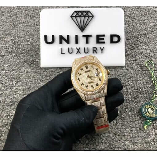 rolex datejust yellow gold arabic dial iced out 116300 2