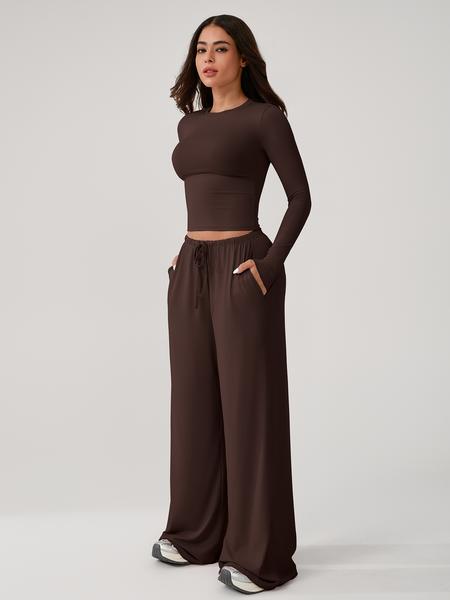 Two Piece Set Women's Home Clothing Set Soft and Skin Friendly Long Sleeved T-shirt Loose and Wide Leg Pants with Adjustable Drawstring Daily Leisure Travel Airport Travel Home Wear Women's Pajamas Set, Womenswear