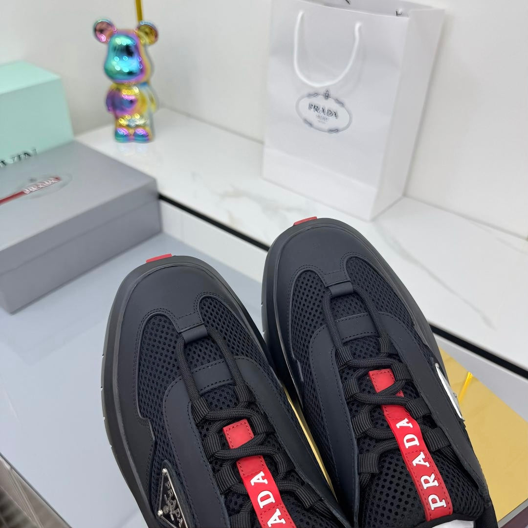 PRADA 25S CROSS LACED SNEAKERS IN BLACK CALFSKIN、mysite、Cacoeks