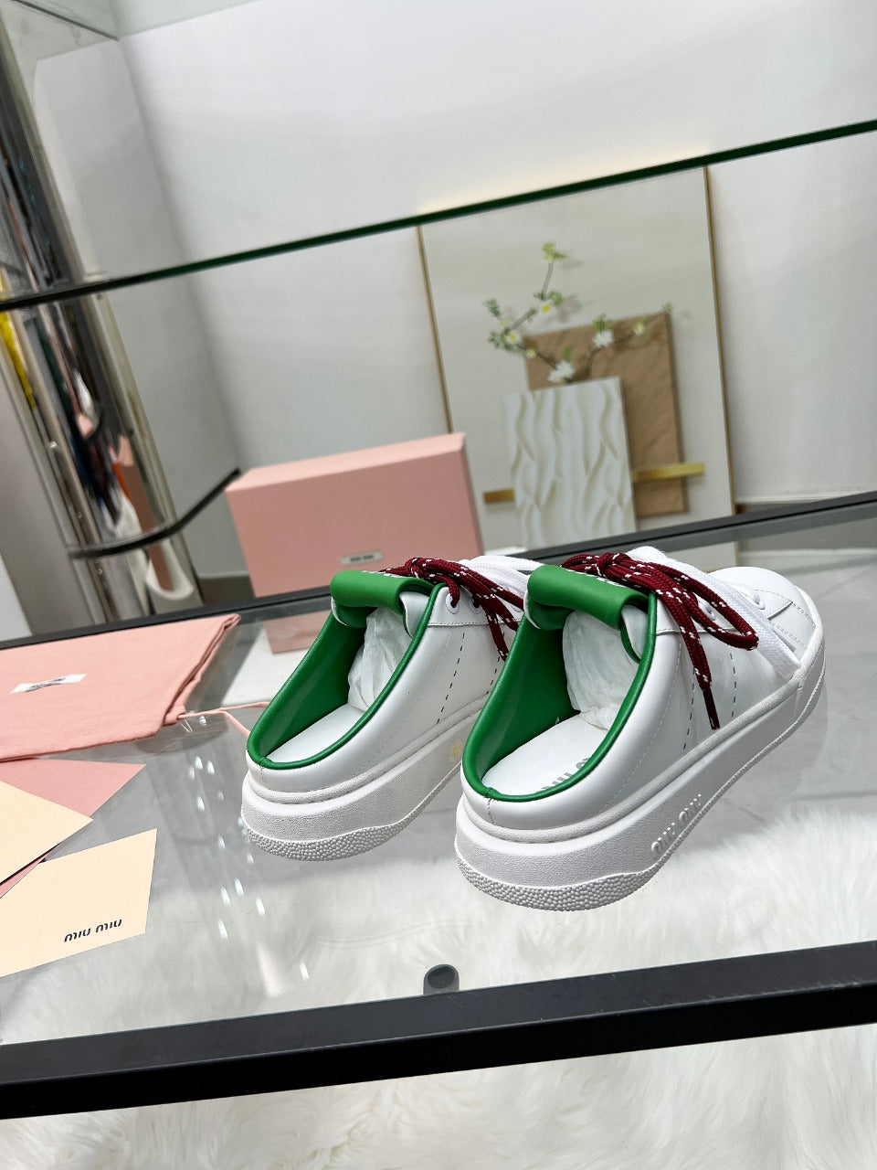 SNEAKER MULES IN WHITE MIX GREEN CALFSKIN WHITE RED LACES、mysite、Cacoeks