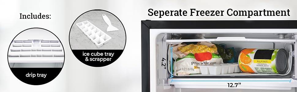 separate freezer compartment - includes: drip tay, ice cube tray and scrapper.