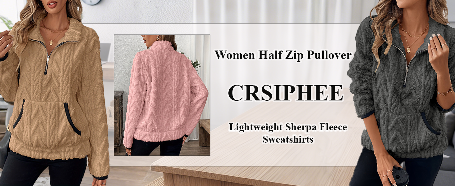 Text reads 'Women's Half Zip Pullover', 'CRSIPHEE', 'Lightweight Sherpa Fleece Sweatshirts'. Multiple views of cable knit pullover sweaters in beige and pink colors.