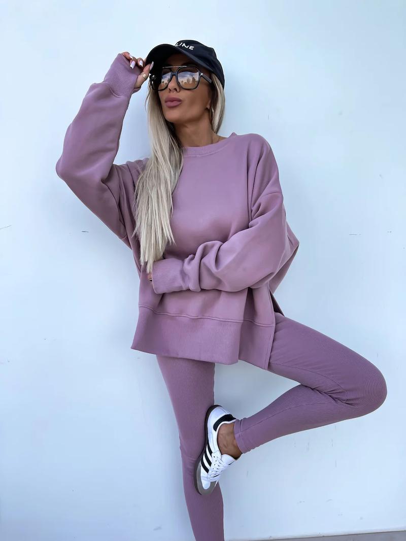 Oversize Two-Piece Set Women's  Split Hem Sweatshirt & Skinny Pants, Casual Fashion Cozy Round Neck Long Sleeve Pullover Women's Clothing for Fall & Basic Winter  Suits Womenswear Gamis