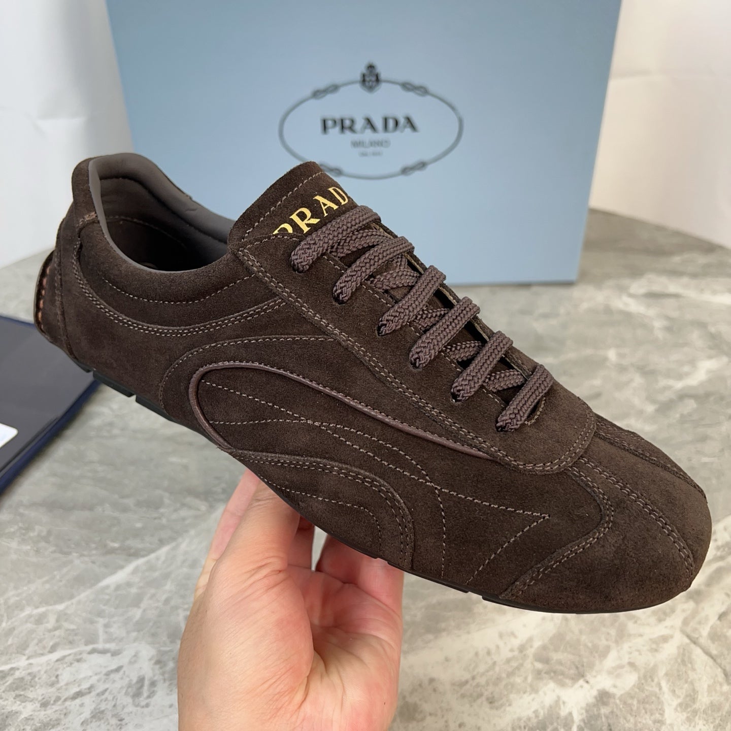 PRADA 25S MONTECARLO ANTIQUED SNEAKERS IN DARK BROWN SUEDE、mysite、Cacoeks