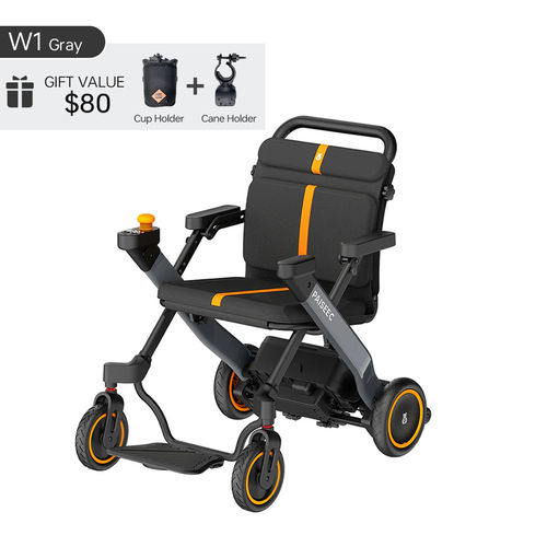 Lightweight foldable electric wheelchair with cup and cane holders in gray