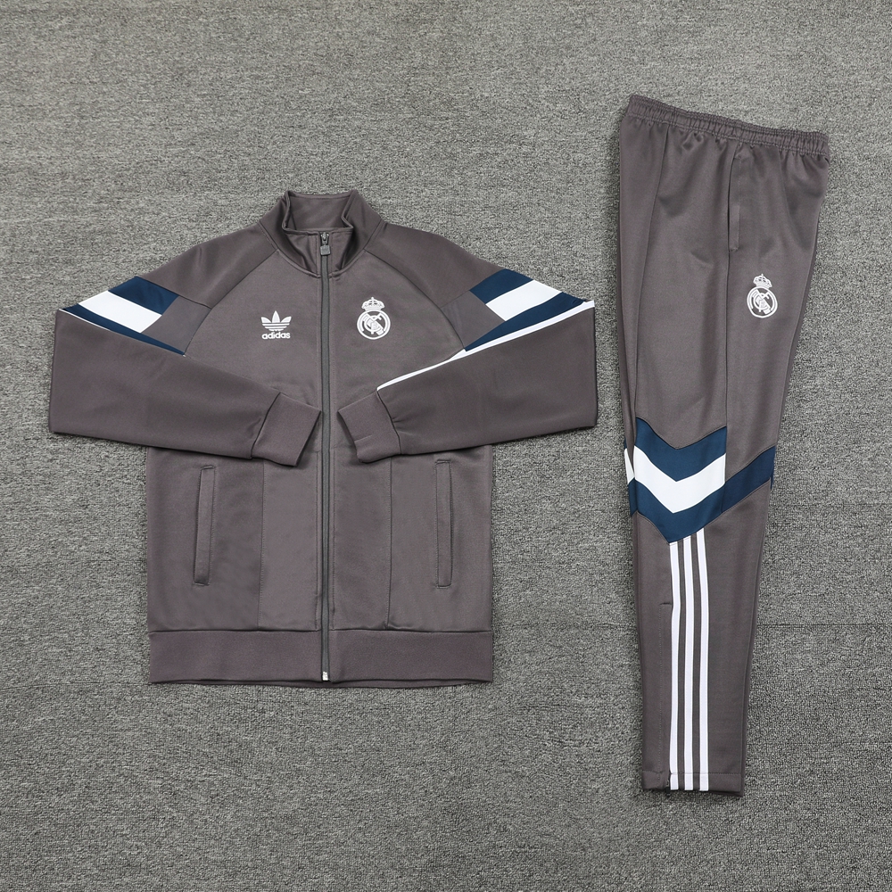 ManixJersey.com | Real Madrid 24-25 Trefoil Vintage Jacket Training Tracksuit - Grey -Customize Name, Number and Patch | Worldwide Shipping