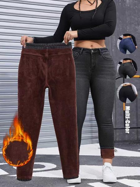 Women's Fall Winter Fleece Lined Denim Jeans, Elegant Woven Fabric, Thicken Warm Comfortable Pants, High Waist Slim Fit Design