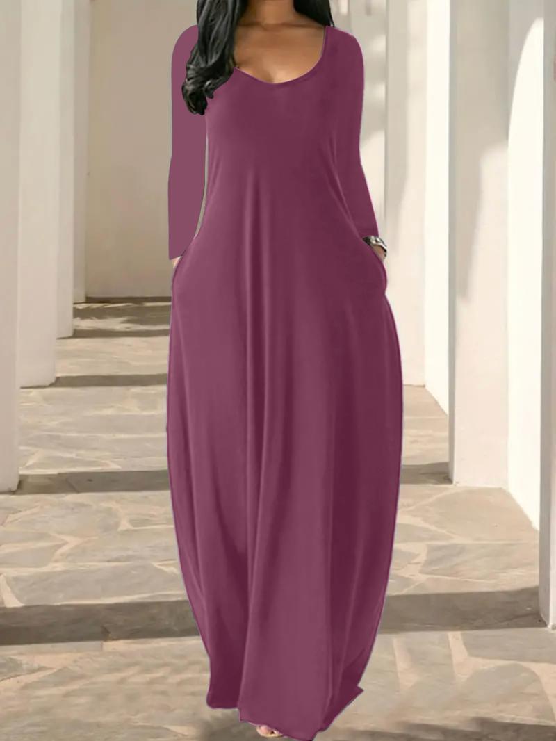 Women's Solid Color Pocket Lounge Dress, Casual Comfy Long Sleeve Dress for Daily Wear, Ladies Sleepwear Loungewear for All Seasons