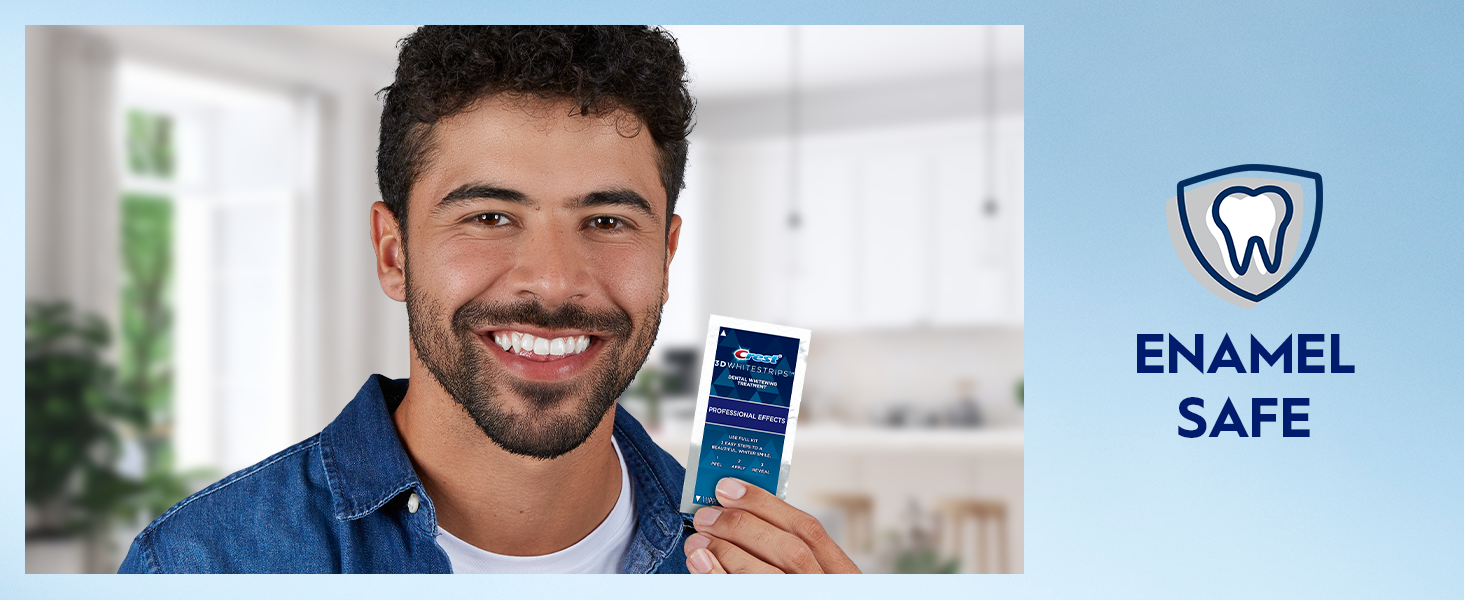 A man smiles holding a Crest 3DWhitestrips Professional Effects strip. Claim reads: Enamel Safe.