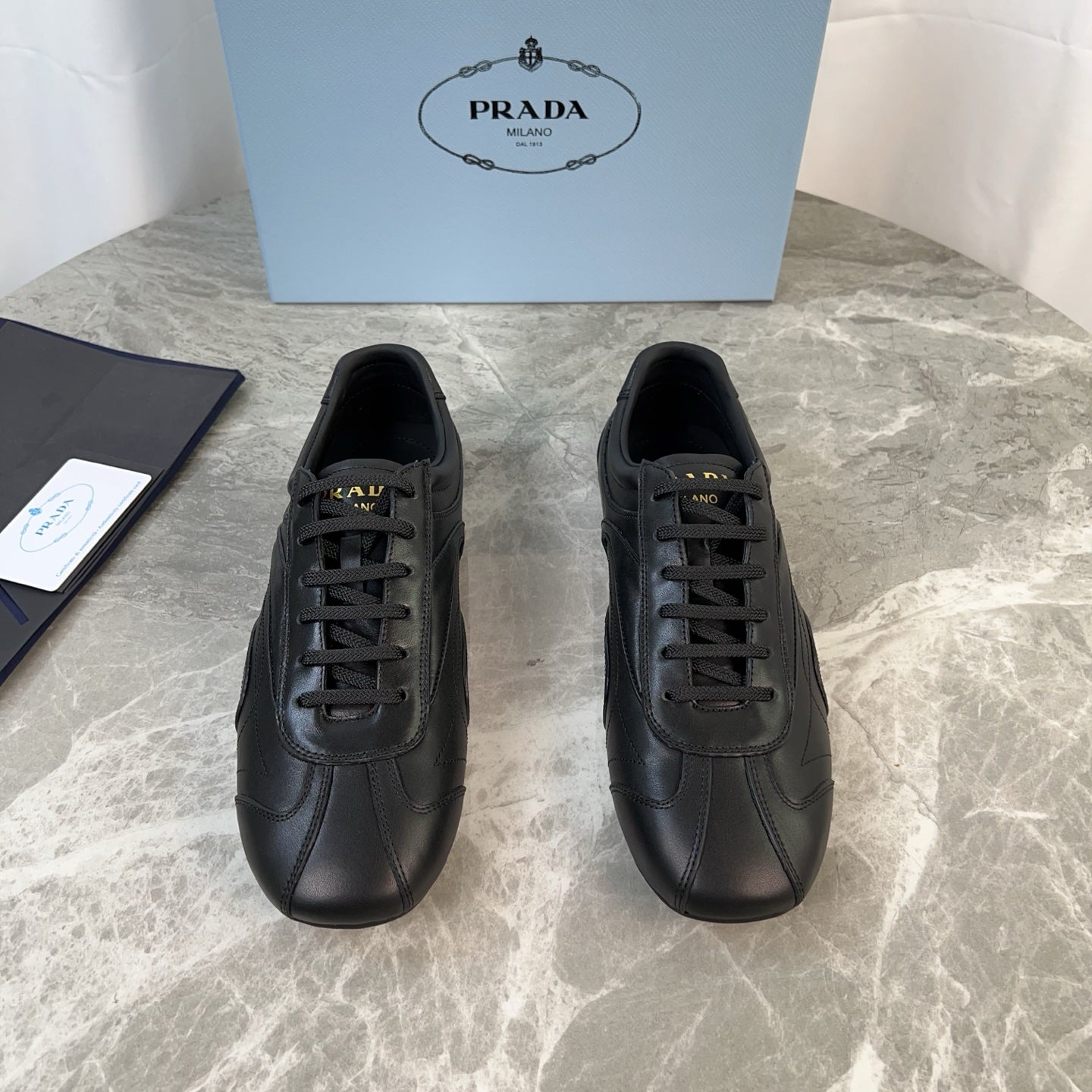 PRADA 25S MONTECARLO ANTIQUED SNEAKERS IN BLACK NAPPA LEATHER、mysite、Cacoeks