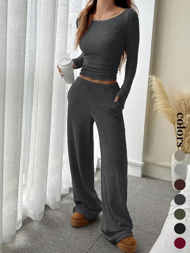 Women's Casual Striped Long Sleeve Top & Loose Pocket Pants Set, European Style Womenswear, Comfortable for Daily Wear