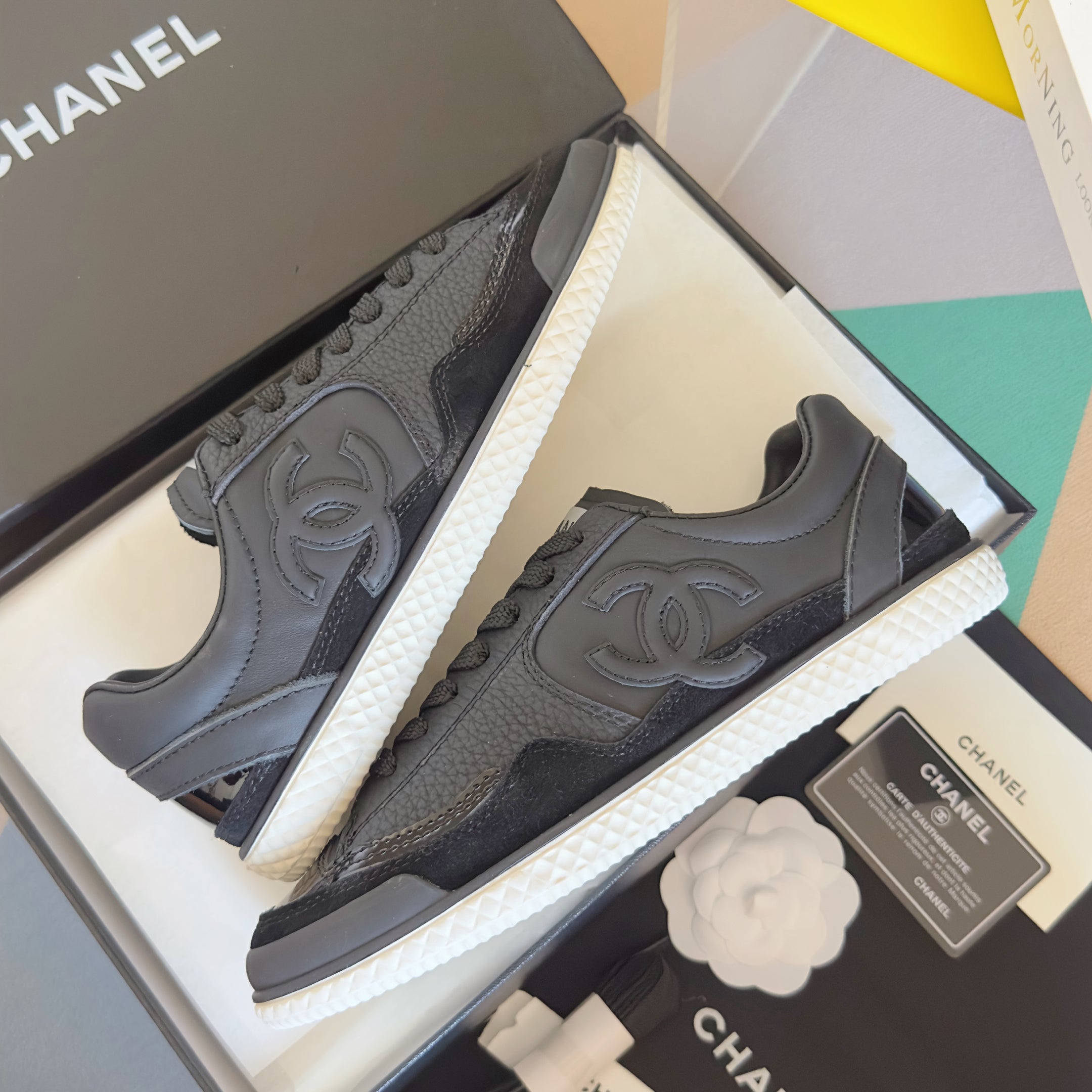 CHANEL 25S SNEAKERS WITH PATENT TOE 20MM IN BLACK CALFSKIN、mysite、Cacoeks