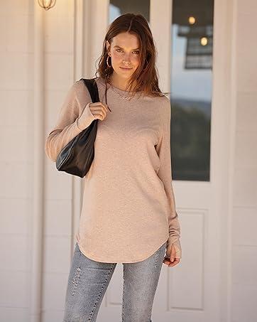 Womens Tunic Tops to Wear with Leggings Long Sleeve Thumb Hole Shirts Crew Neck Curved Hem