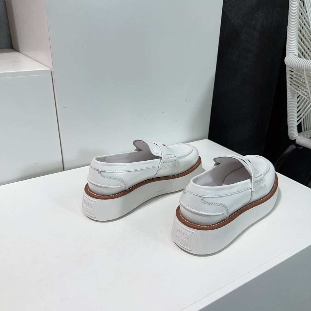 Thick-Soled Loafers Shoes White Cowhide、mysite、Cacoeks