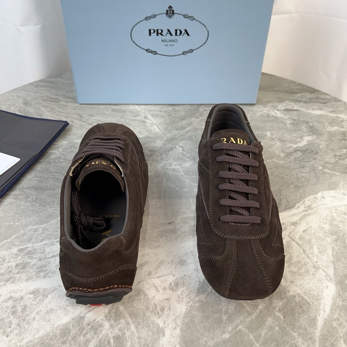 PRADA 25S MONTECARLO ANTIQUED SNEAKERS IN DARK BROWN SUEDE、mysite、Cacoeks