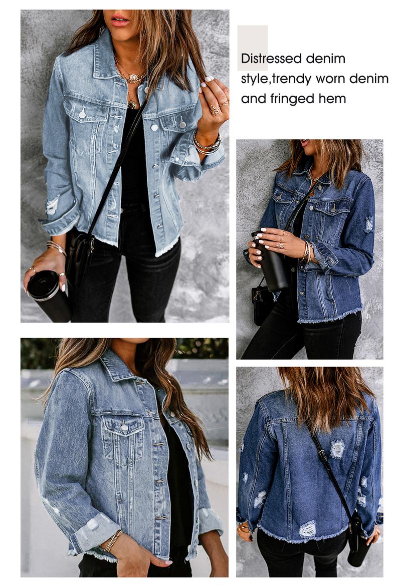 Product Introduction of EVALESS Women's Jean Jackets Casual Non Stretch Boyfriend Washed Coats Distressed Ripped Lapel Long Sleeve Denim Outwear Tops 2025 Spring Womenswear Outfits Dealsforyoudays 3