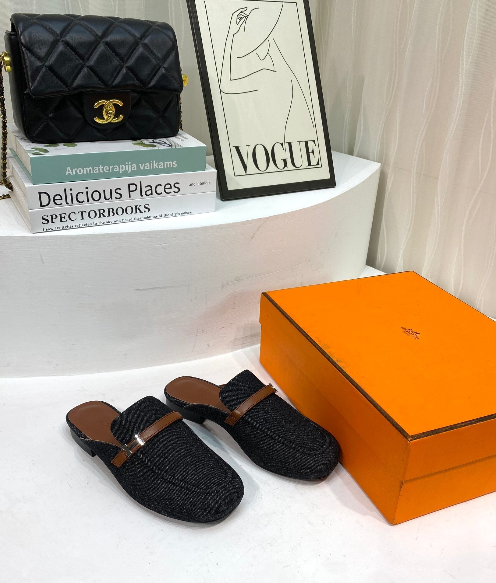 IENA MULE BLACK CANVAS AND BROWN CALFSKIN、mysite、Cacoeks