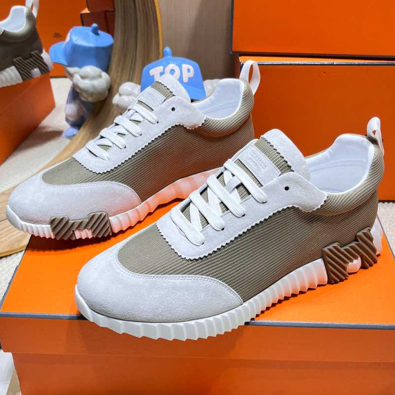 BOUNCING SNEAKER IN PALE GRAY SUEDE AND WOOD BROWN KNIT、mysite、Cacoeks