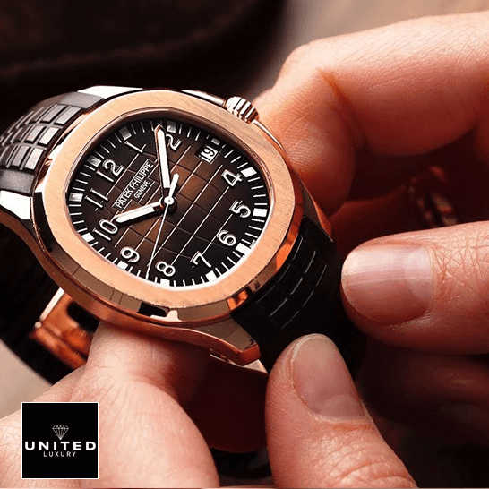 Patek Philippe 5167R-001 Rose Gold Bezel Brown Rubber Bracelet Replica on the hand