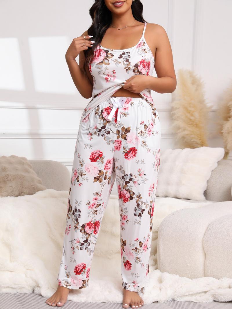 [Plus Size] Three-Piece Set Floral Print Belted Lounge Robe & Cami Top & Elastic Waist Pants Pyjama Set, Elegant Comfy Drop Shoulder Long Sleeve Robe & Sleeveless Top & Bow Decor Trousers PJ Set, Women's Sleepwear for Spring & Fall