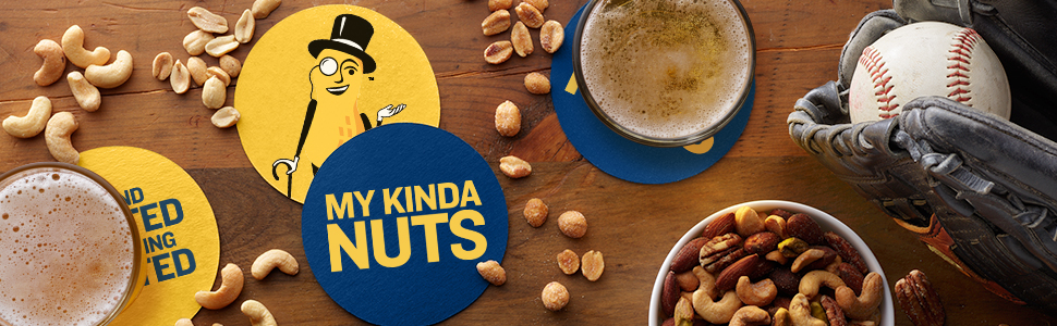 Mixed nuts on wood table with Planters' coasters, beer, and baseball glove