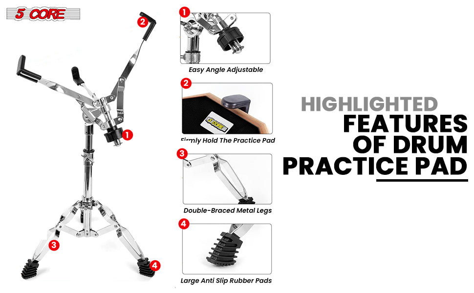 This drumming pad features double-braced metal legs, angle adjustment, a firm hold, and an anti-slip rubber pad for stable, comfortable practice