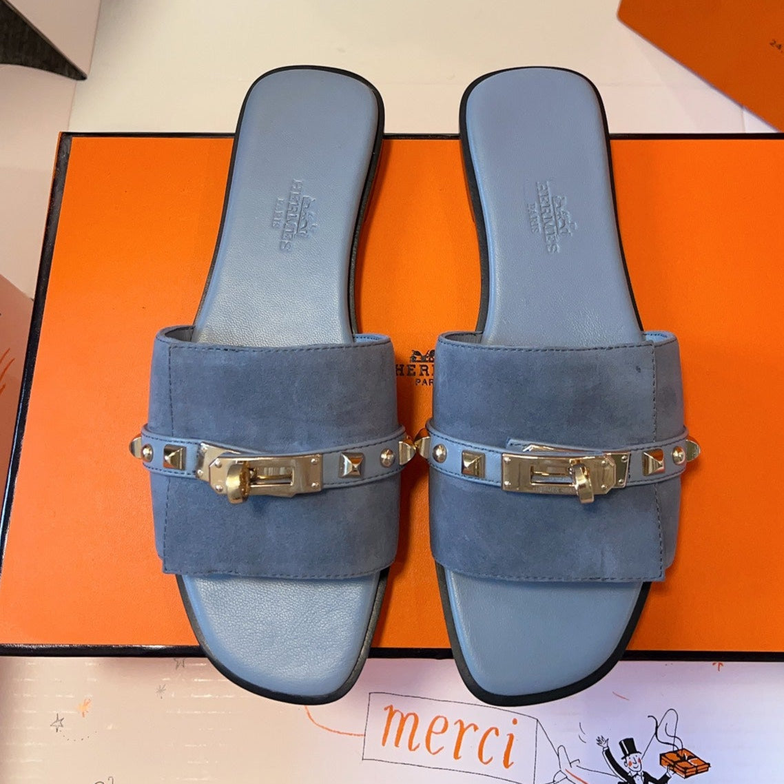 GIULIA FLAT SANDAL IN CERULEAN BLUE SUEDE、mysite、Cacoeks