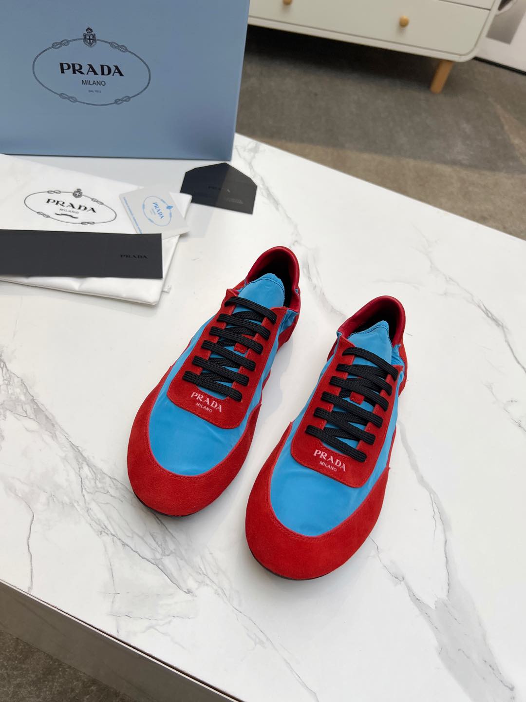 COLLAPSE SNEAKERS IN RED SUEDE AND SKY BLUE NYLON、mysite、Cacoeks