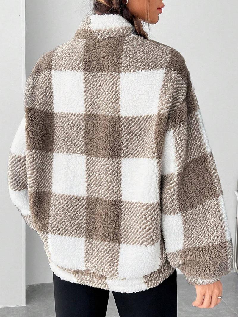 Women's Plaid Print Half Zip Drop Shoulder&nbsp;Fleece&nbsp;Sweatshirt, Casual Long Sleeve Stand Collar Pullover for Spring & Fall, Ladies Clothes for Daily Wear