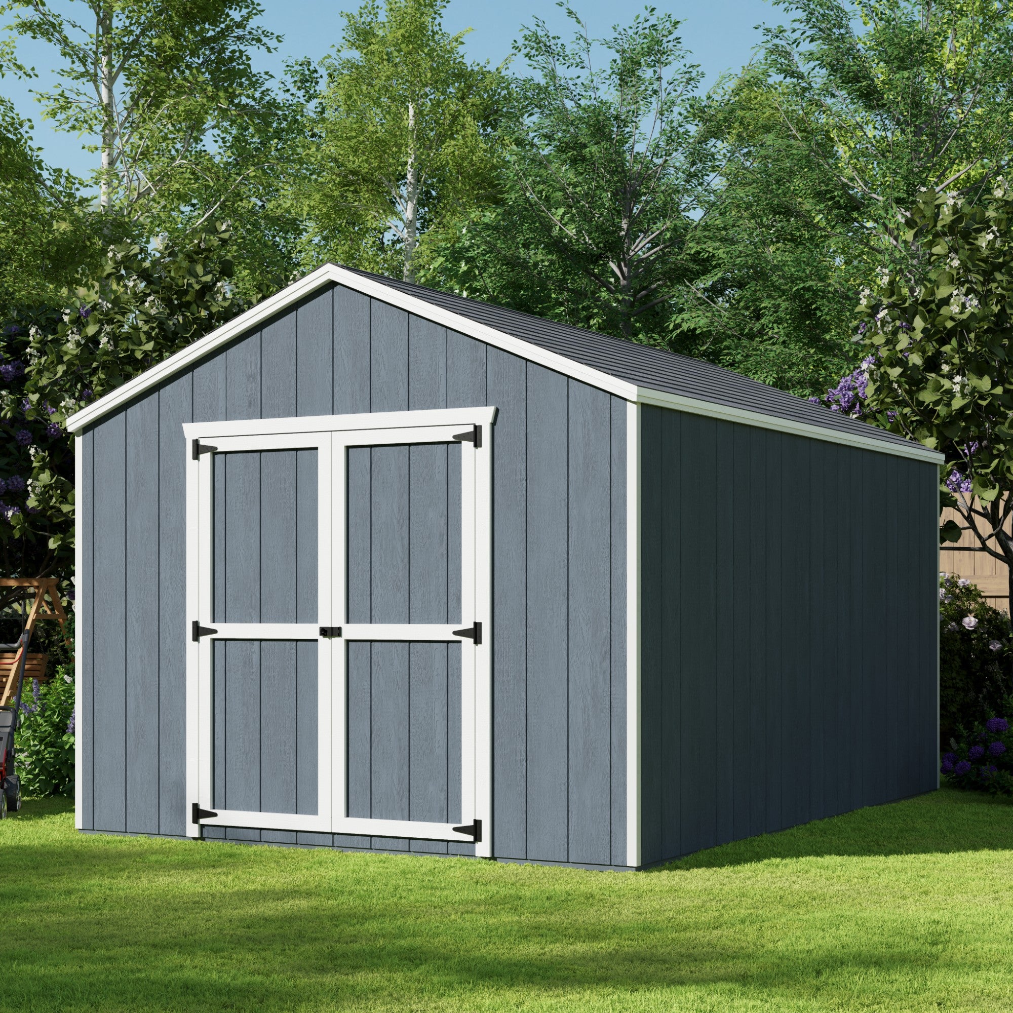 Value Gable Shed assembled inside a factory and painted light gray
