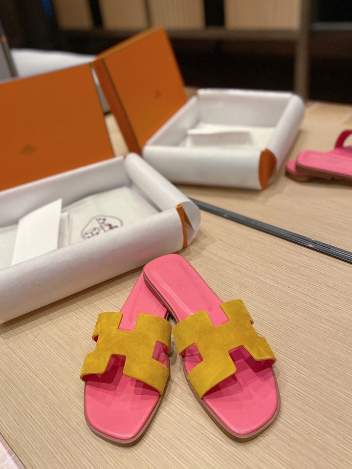 0RAN SANDALS IN DIJON YELLOW SUEDE AND DEEP PINK CALFSKIN、mysite、Cacoeks