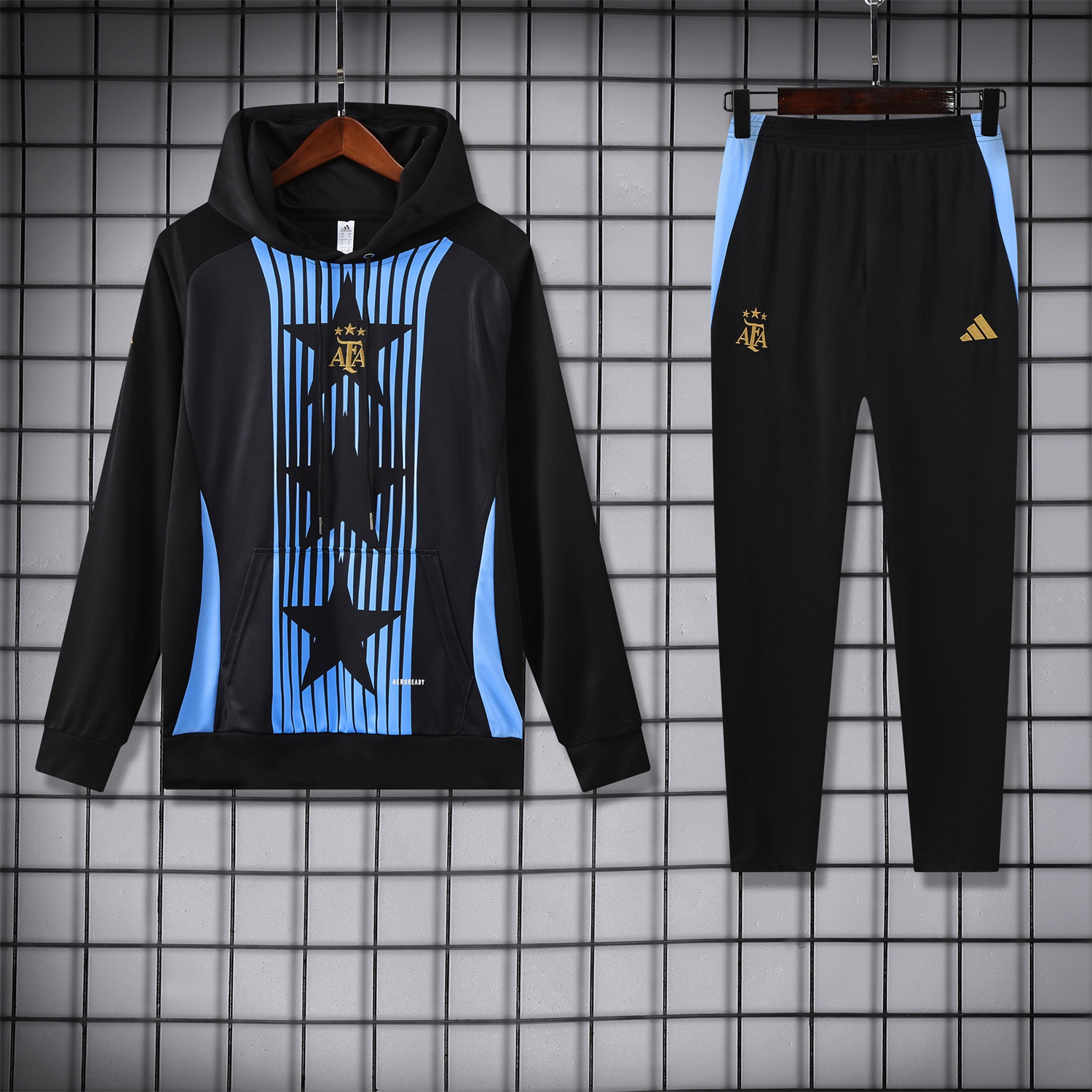 foot-Argentina 24-25 Three-Stars Training Hoodie Set - Black Top and Pants