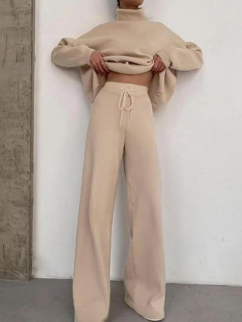 Women's Solid Turtleneck Tops & Wide Leg Pants Set, Casual Fashionable Cozy Long Sleeve Top & Trousers for Daily Casual Occasion Wear, Fall Clothes, 2 Piece Set, Women's Clothing for Fall, Downtown Girl Clothes