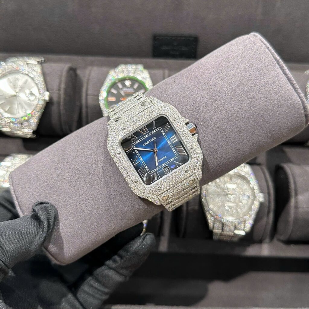 Đồng Hồ Cartier Santos Độ Full Kim Cương Thiên Nhiên Blue Dial 39 (8)