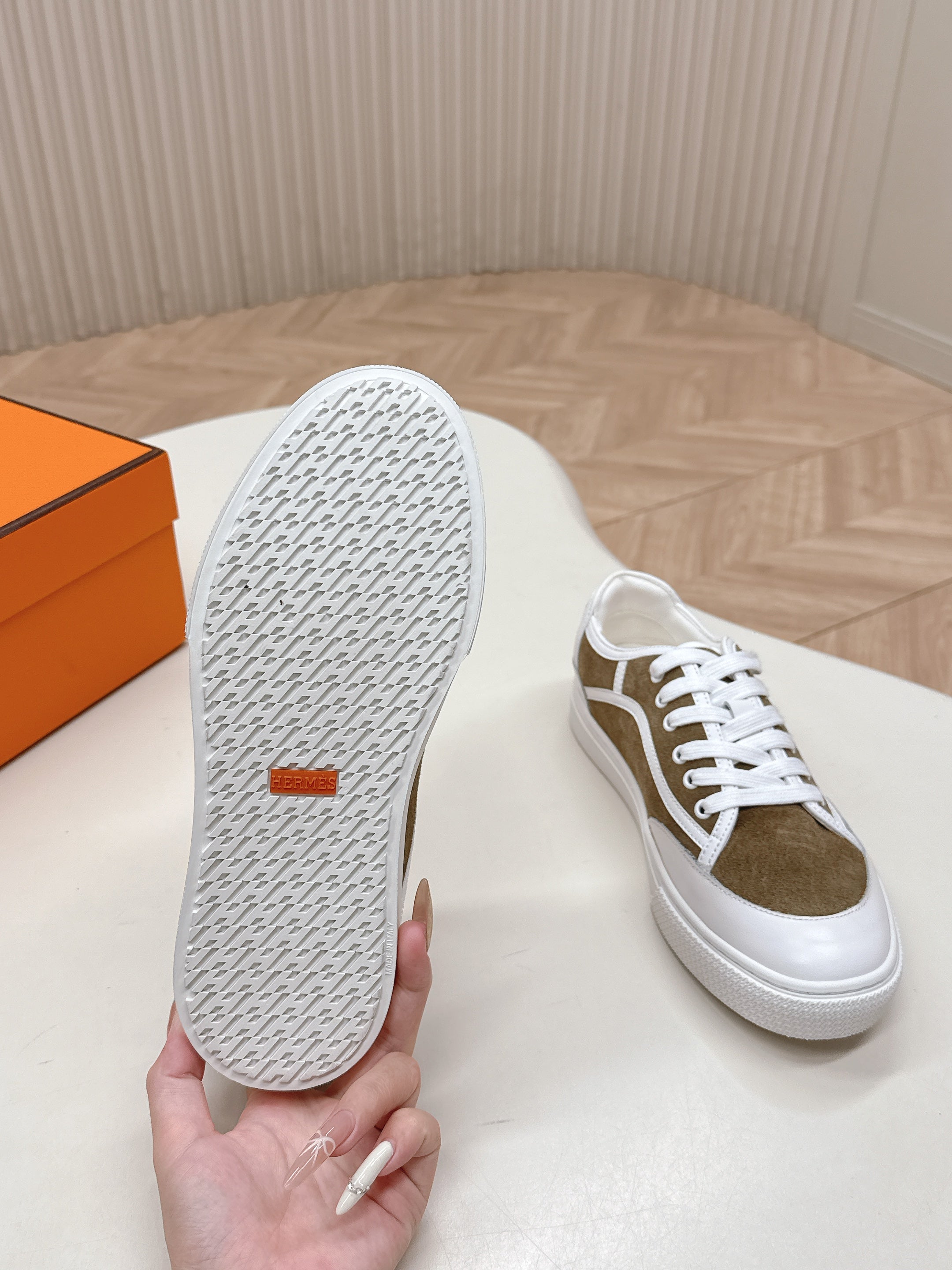 HM 25S SNEAKER LOW SPORTS IN BROWN SUEDE MIX WHITE LAMBSKIN、mysite、Cacoeks