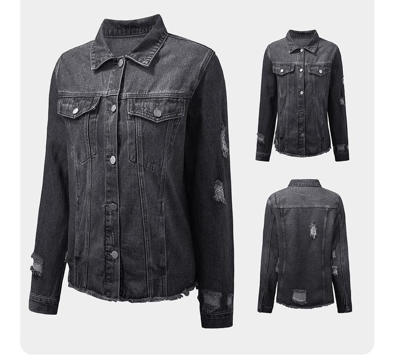 Product Introduction of EVALESS Women's Jean Jackets Casual Non Stretch Boyfriend Washed Coats Distressed Ripped Lapel Long Sleeve Denim Outwear Tops 2025 Spring Womenswear Outfits Dealsforyoudays 2