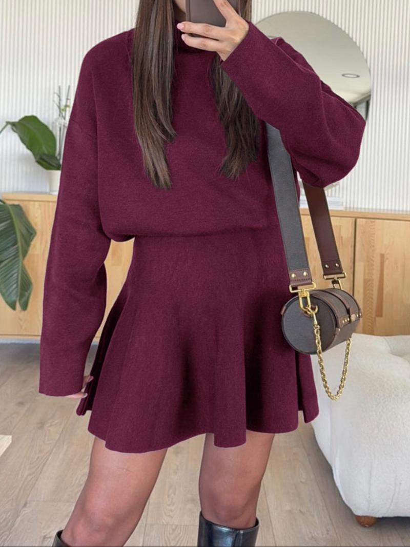 Women's Casual Half-High Neck Long Sleeve Knit Dress, Plain Color Loose-Fitting Sweater Dress, Fall & Winter Fashion