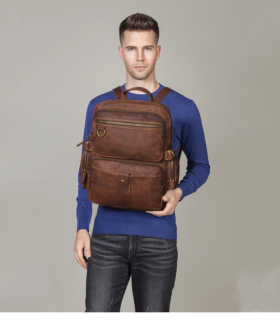 Model Show of Woosir Full Genuine Leather Daypack Collage Bookbag