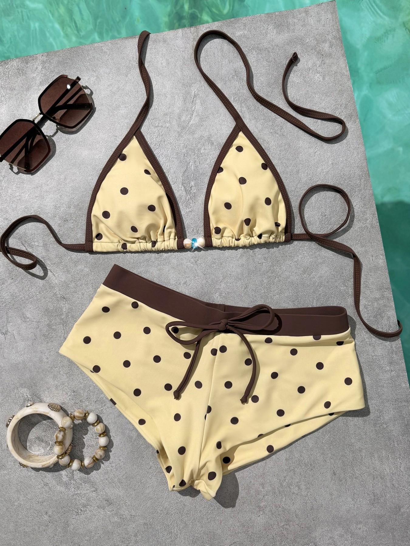 Women's Swimsuit bikini,retro yellow polkat  Print vintage colour block swimsuit pants summer sets for/Going Out Outfits/Birthday Outfit/Casual/Y2k/2000s/Y2k Clothes /Classy/Old Money/Streetwear/Vacation Outfits/girls beachwear