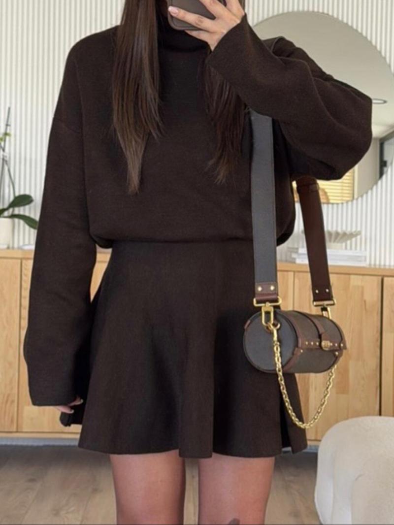Women's Casual Half-High Neck Long Sleeve Knit Dress, Plain Color Loose-Fitting Sweater Dress, Fall & Winter Fashion Womenswear Summer