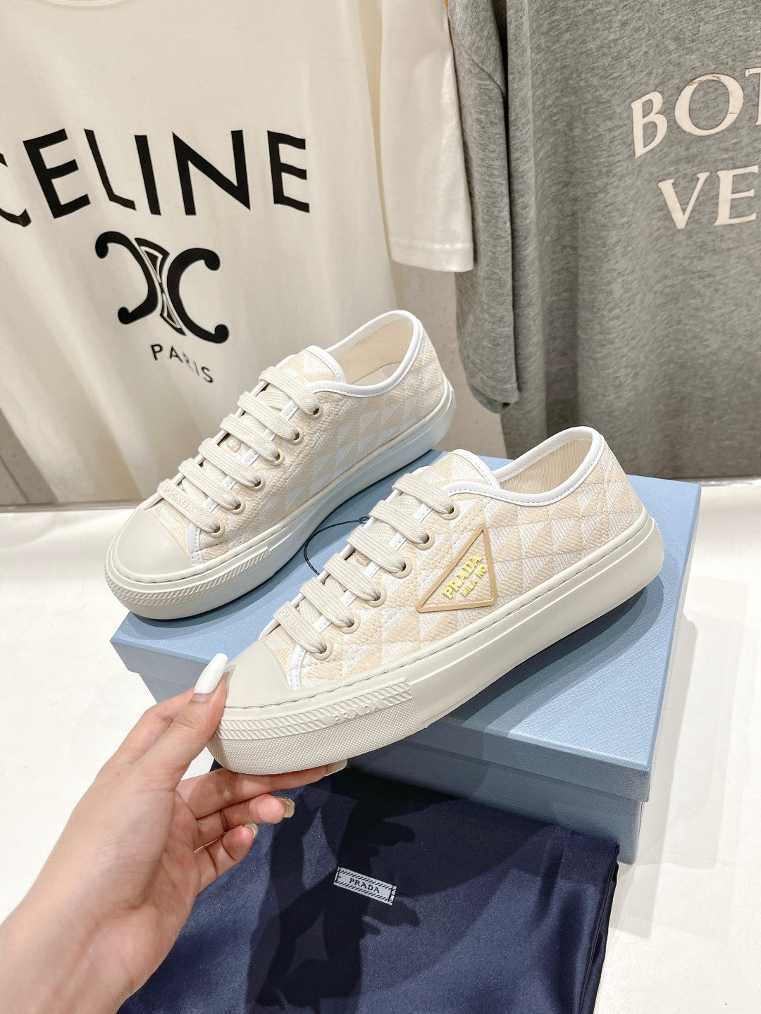 PRA PRINTED COTTON SNEAKERS WHITE AND BEIGE CANVAS、mysite、Cacoeks