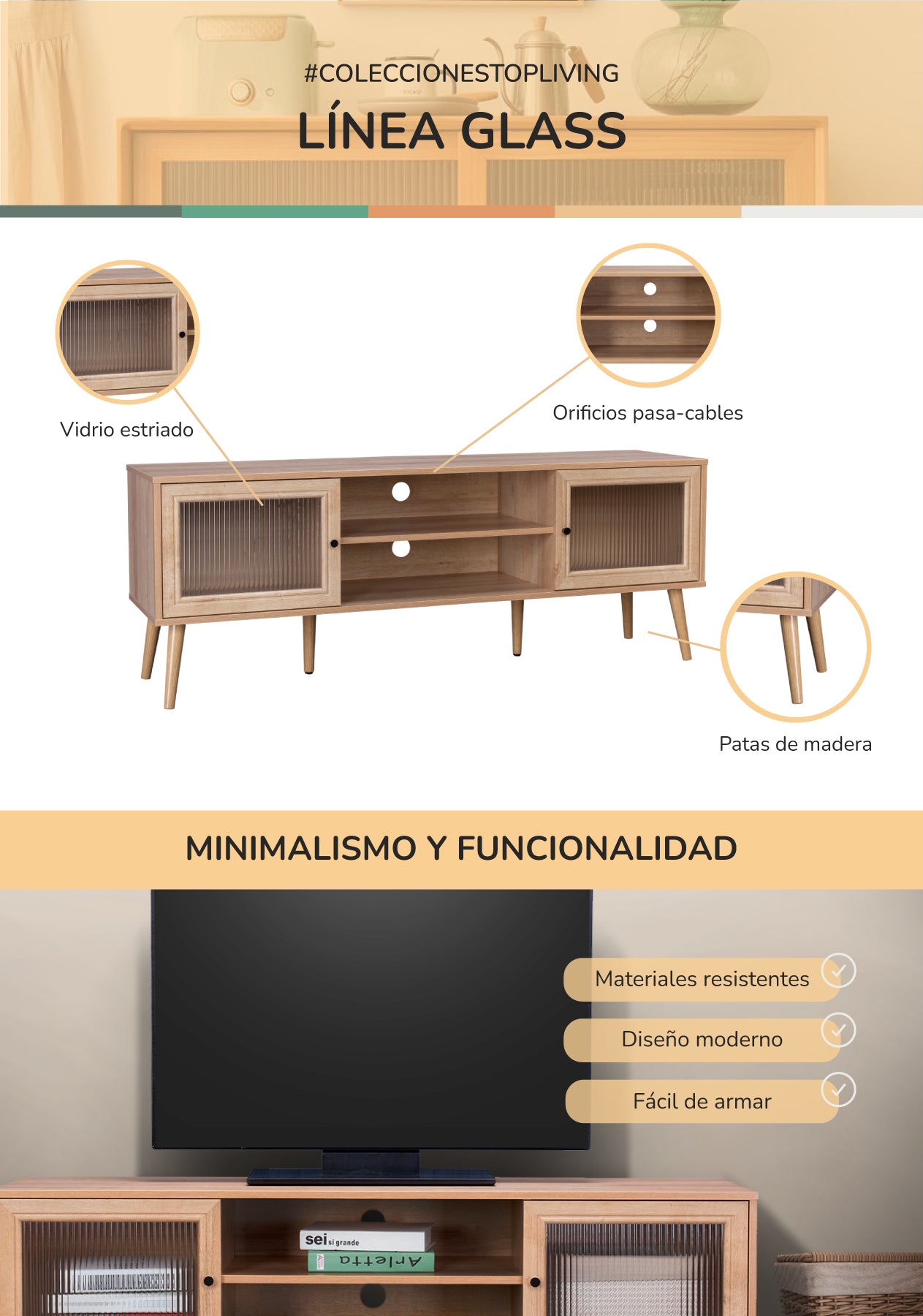 Mueble para TV con Estantes y Puertas de Vidrio
