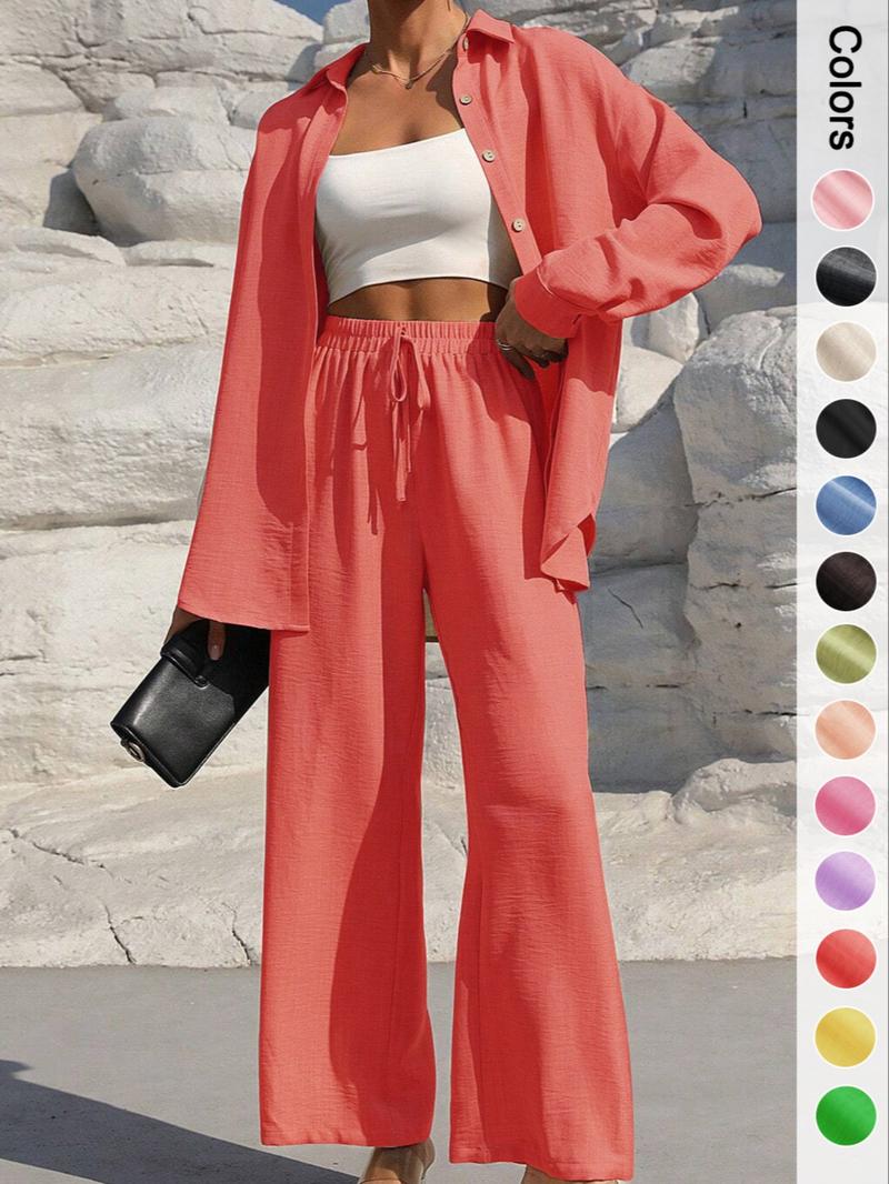 Women's Solid Button Front Collared Shirt & Tie Front Wide Leg Pants Two-piece Set, Casual Drop Shoulder Long Sleeve Top & Trousers 2 Piece Set for Spring & Fall, Women's Clothes for Daily Wear