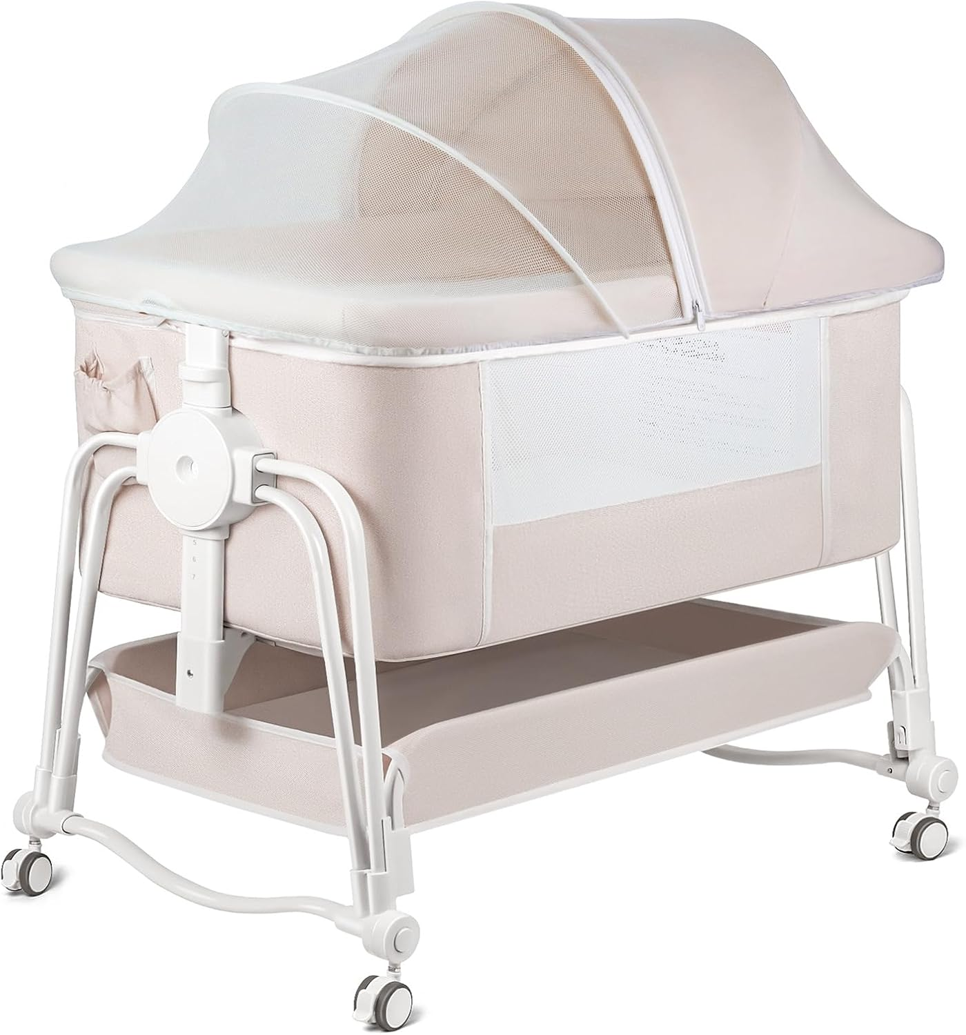 4 in 1 Bassinet Bedside Sleeper, Rocking Baby Crib with Lockable Wheels, Storage, Mosquito Net and Matress Included, 7 Level Adjustable Bedside Bassinet for Baby Newborn(Cream)